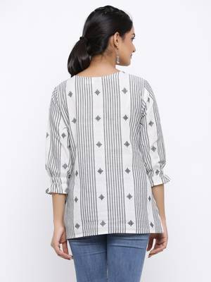Women's White & Black Modal Chanderi Striped Print Flared Top 3