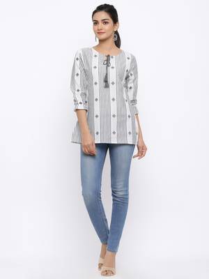 Women's White & Black Modal Chanderi Striped Print Flared Top 5