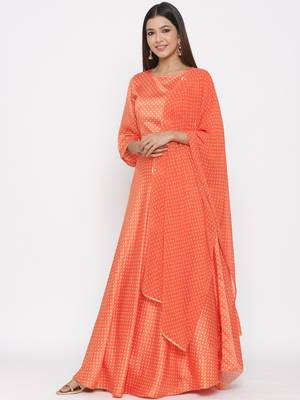 Orange Dull Satin Printed Lehenga Choli 2