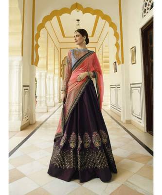 Burgundy Embroidered Silk Semi Stitched Lehenga 1