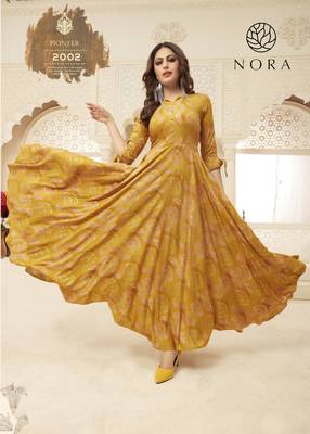 Mustard Yellow Color Foli Printed Rayon Kurtis & Gown 1