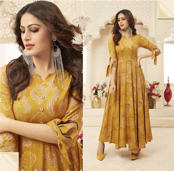 Mustard Yellow Color Foli Printed Rayon Kurtis & Gown 2