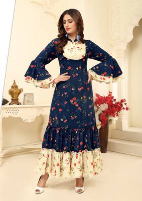 Navy Blue Floral Print Tiered Flare Kurta Rayon Kurtis & Gown 1