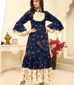 Navy Blue Floral Print Tiered Flare Kurta Rayon Kurtis & Gown