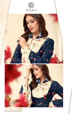 Navy Blue Floral Print Tiered Flare Kurta Rayon Kurtis & Gown 2