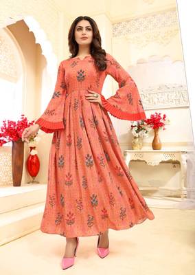 Carrot Floral Print Flare Rayon Kurtis & Gown 1