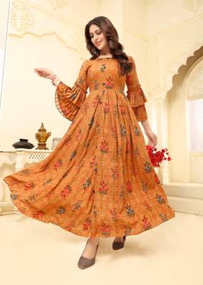 Orange Floral Print Flare Rayon Kurtis & Gown 1