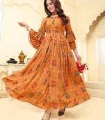 Orange Floral Print Flare Rayon Kurtis & Gown