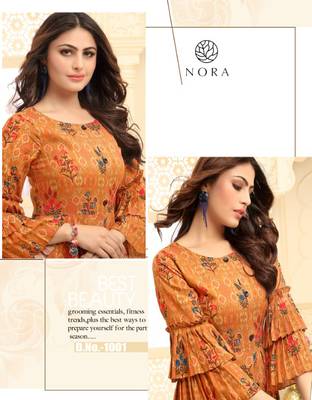 Orange Floral Print Flare Rayon Kurtis & Gown 2