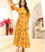 Yellow Floral Print Flare Rayon Kurtis & Gown