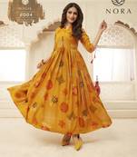 Yellow Bandhni Print Flared Rayon Ethnic Kurtis & Gown