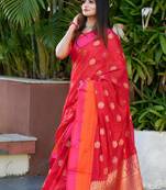 Red colour cotton silk saree with weaving blouse 