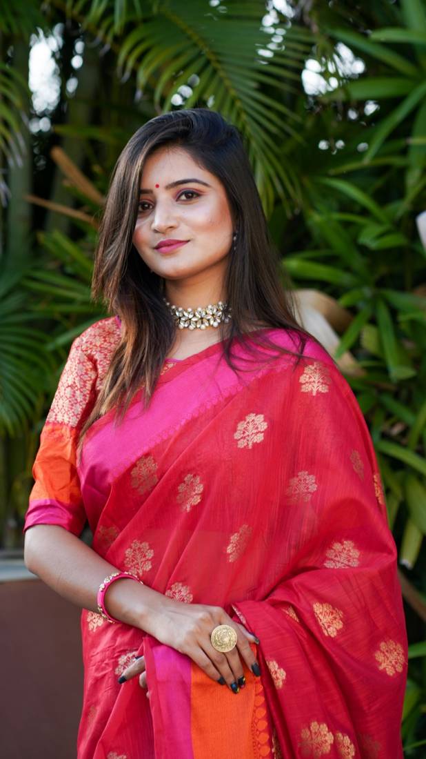 Red colour cotton silk saree with weaving blouse 