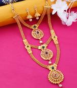 Traditional Necklace Set Gold Plated Three Line With Daimond Long Set Jewellery For  Women And Girls