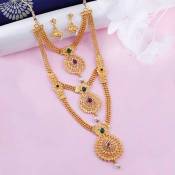 Traditional Necklace Set Gold Plated Three Line With Daimond Long Set Jewellery For  Women And Girls 2