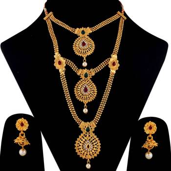 Traditional Necklace Set Gold Plated Three Line With Daimond Long Set Jewellery For  Women And Girls 3