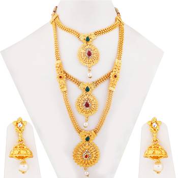 Traditional Necklace Set Gold Plated Three Line With Daimond Long Set Jewellery For  Women And Girls 4