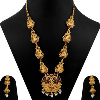 Gold Plated Traditional Designer Temple Long Jewellery Set For Women Girl 3