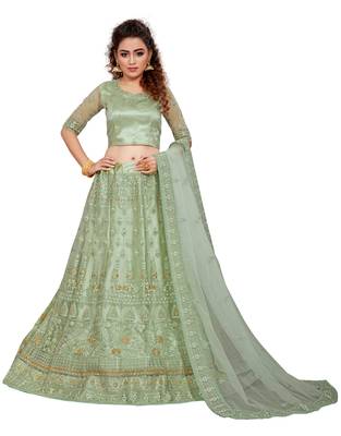 Green embroidered net semi stitched lehenga 5