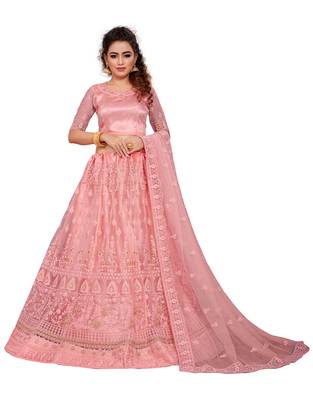Peach embroidered net semi stitched lehenga 5