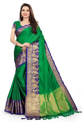 Green Woven Cotton Silk Saree With Blouse 5
