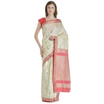 White Woven Jacquard Saree With Blouse 5