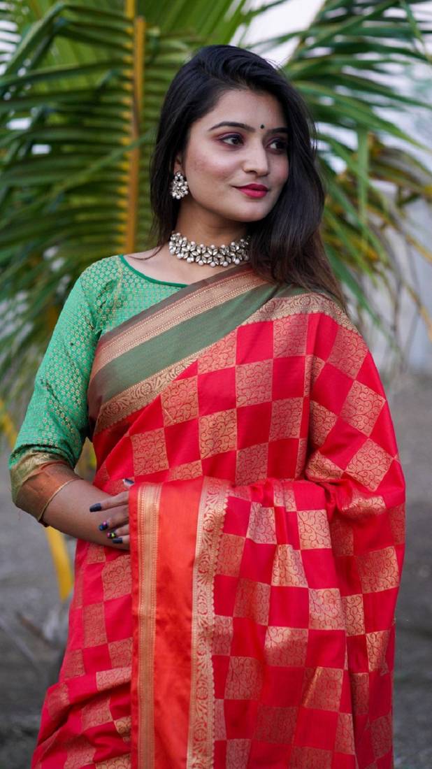 Red colour banarasi silk saree with running blouse 