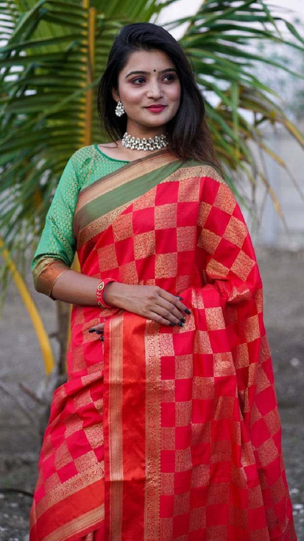 Red colour banarasi silk saree with running blouse 