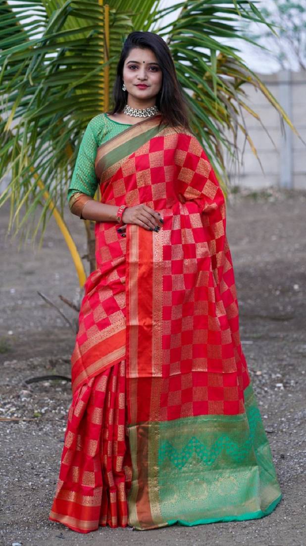 Red colour banarasi silk saree with running blouse 