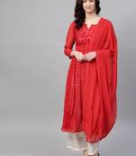 Red embroidered georgette chikankari-kurtis