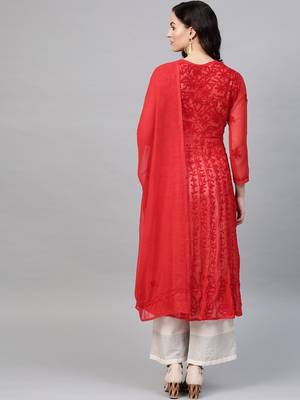 Red embroidered georgette chikankari-kurtis 3