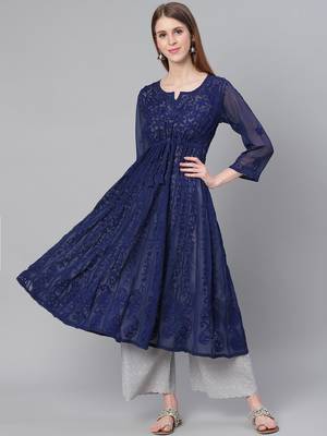 Navy-blue embroidered georgette chikankari-kurtis 1