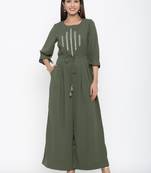 Olive embroidered cotton indowestern
