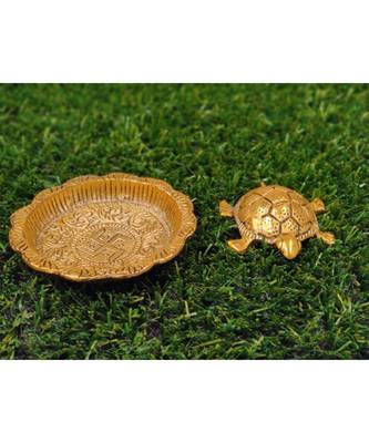 Gold Plated Metal Feng Shui Tortoise On Metal Plate - Gold Tortoise For Good Luck Money - Medium 2