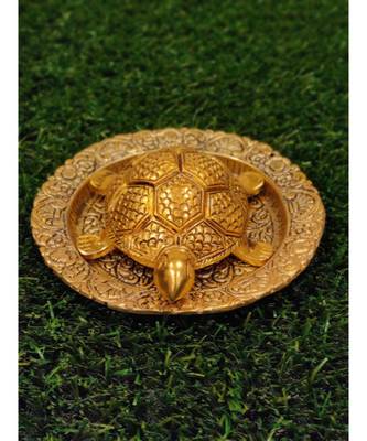 Gold Plated Metal Feng Shui Tortoise On Metal Plate - Gold Tortoise For Good Luck Money - Large 1
