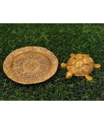 Gold Plated Metal Feng Shui Tortoise On Metal Plate - Gold Tortoise For Good Luck Money - Large 2