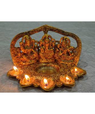 Hindu God Diwali Decorative Lord Laxmi Ganesha Saraswati Idol Darbar With Five Diyas For Puja 1