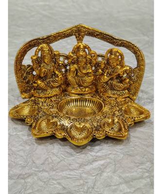 Hindu God Diwali Decorative Lord Laxmi Ganesha Saraswati Idol Darbar With Five Diyas For Puja 2