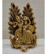 Gold Plated Metal Hindu God Peacock Design Radha Krishna Idol Murti With Diya