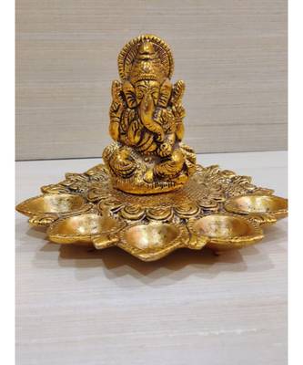 Gold Plated Metal Hindu God Ganesha Idol With Five Diyas For Diwali Puja decor Home Temple Festival Gifting 1