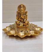 Gold Plated Metal Hindu God Ganesha Idol With Five Diyas For Diwali Puja decor Home Temple Festival Gifting