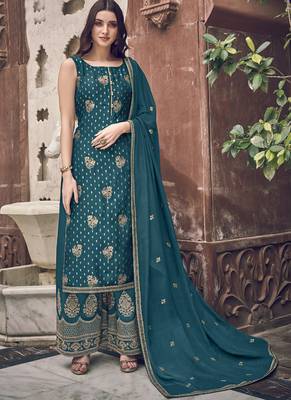 Dark Teal Jacquard Pakistani Salwar Kameez 1