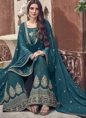 Dark Teal Jacquard Pakistani Salwar Kameez 2