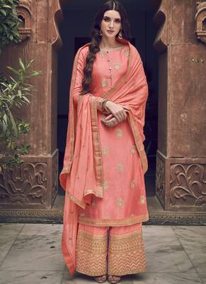 Peach Jacquard Pakistani Salwar Kameez 1