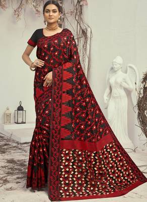 Red Cotton Silk Party Wear Sarees 1
