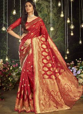 Red Silk Blend Party Wear Sarees 1