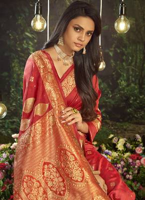 Red Silk Blend Party Wear Sarees 2