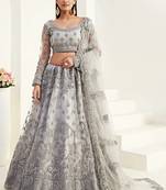 Grey embroidered net semi stitched lehenga
