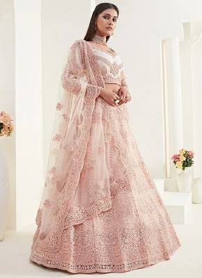 Peach embroidered net semi stitched lehenga 1