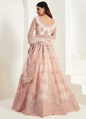 Peach embroidered net semi stitched lehenga 2